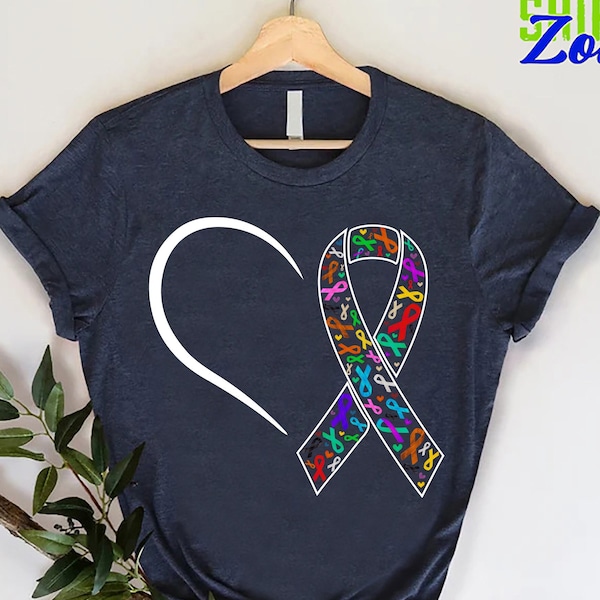 Heart Ribbon Cancer T-Shirt, All Color Cancer Awareness Shirts, Gift For Cancer Survivor Friend, Cancer Support Shirt, Cancer Ribbon Tee
