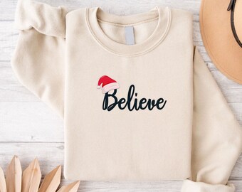 Believe Christmas Crewneck Sweatshirt, Festive Plaid Santa Hat Holiday Pullover