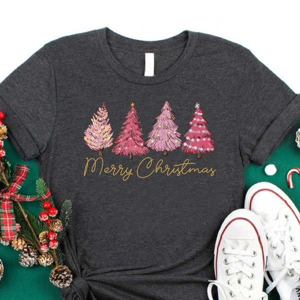 Pink Christmas Trees, Ladies Christmas Gift, Holiday Clothes for Women, Merry Christmas Shirt, Girls Christmas Outfit, Cute Christmas Tree
