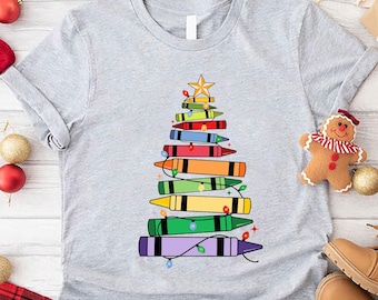 Christmas Teacher Shirt Crayon Xmas Tree T-Shirt, Holiday Elementary School Teacher Gift