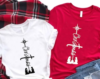 Cross Christmas Shirt, Nativity Scene, Joy to the World T-shirt, Religious Christmas Gift, Faith Shirt for Woman, Ladies Prayer Shirt