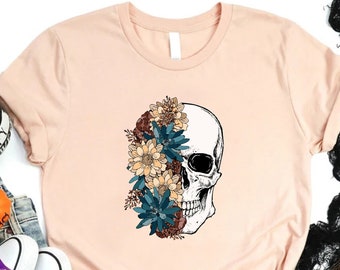 Skull Flower Shirt, Halloween T-shirt For Women, Floral Skeleton Shirt, Women Fall Graphic Tee, Halloween Skull Tee, Day of the Dead Shirt
