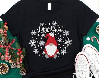 Let It Snow Gnome T-Shirt, Winter Snowflakes Graphic Tee, Nordic Holiday Season Tee