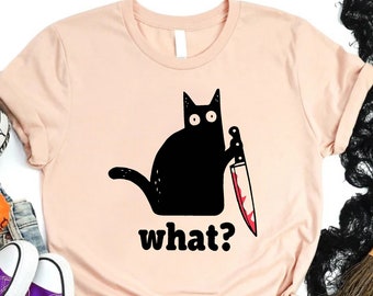 Black Cat with Knife Shirt, Funny Cat Lover Tee, Sarcastic Witchy Cat T-shirt