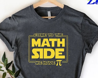 May include: A dark gray t-shirt with a yellow graphic that says "Come to the Math Side - We Have Pi".