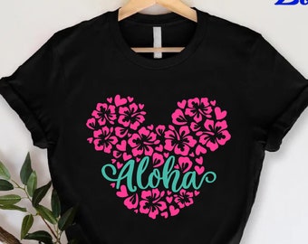 May include: Black t-shirt with a pink floral Mickey Mouse design and the word "Aloha" in teal.