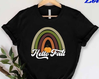 Hello Fall Rainbow Pumpkin T-Shirt, Autumn Vibes Women's Tee