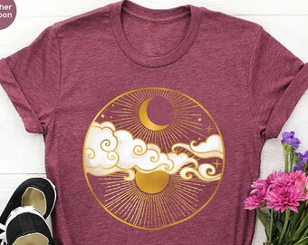 Mystic Moon And Sun Shirt,Mystical Moon Phase Shirt,Moon Gifts for Women,Moon Phase T-Shirt,Boho Moon Sun Shirt,Golden Sun And Moon Shirt