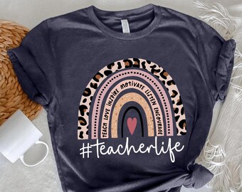 Teacher Life Rainbow Shirt, Leopard Print Boho School Tee, Inspirational Teacher Gift