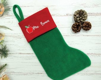 Personalized Teacher Christmas Stocking, Custom Name Apple Holiday Decor