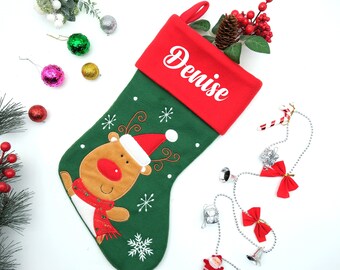 Custom Name Reindeer Christmas Stocking, Personalized Holiday Stocking