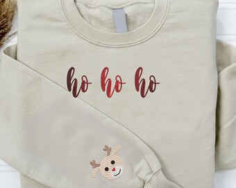 Embroidered Ho Ho Ho Christmas Sweatshirt, Reindeer Sleeve Detail Holiday Pullover