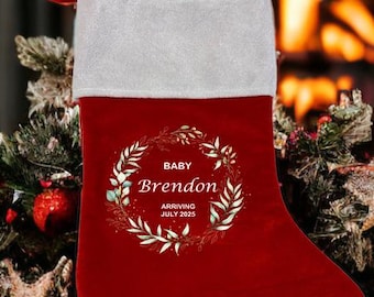 Personalized Baby Announcement Christmas Stocking, Custom Name Stocking with Wreath