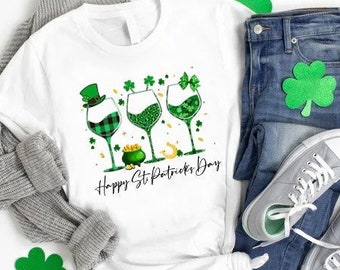 Happy St Patrick's Day Gift For Wine Lover,Drinking St Patricks Day Shirt,Shamrock Green Wine Glasses Team,Lucky Beer Saint Patrick Day Tee
