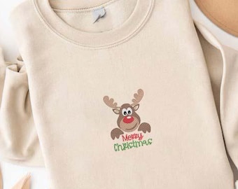 Embroidered Reindeer Christmas Sweatshirt, Cartoon Holiday Crewneck