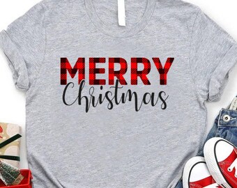 Merry Christmas Tee, Buffalo Plaid Holiday T-Shirt , Xmas Family Matching Shirt