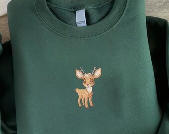 Embroidered Christmas Deer Sweatshirt, Baby Fawn Holiday Crewneck