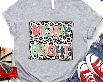 Merry and Bright Leopard Print Christmas Shirt, Retro Holiday Tee for Women