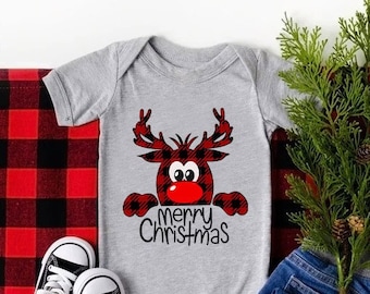 Reindeer Shirt, Kids Merry Christmas Toddler T-Shirt, Buffalo Plaid Reindeer Face Tee