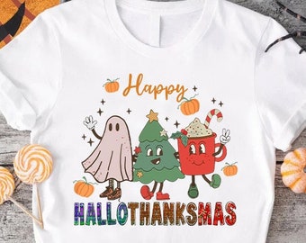 Happy Hallothanksmas Shirt, Ghost Christmas Tree Mug Tee, Holiday Season Gift