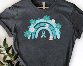 Teal Ribbon Rainbow Shirt, Ovarian Cancer Supporter Gift