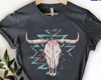 Boho Cow Skull Shirt, Western Graphic Tee, Bull Skull Shirt, Cowgirl Tshirt, Country Shirt, Cowboy Shirt,Country Girl Shirt,Western Clothing