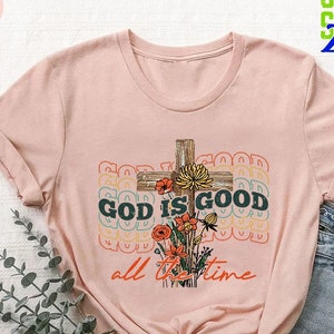 Christian Women, God Is Good T-Shirt, Retro Cross Flowers, Bible Quotes Shirt, Motivational Christian shirts, Bible Verse, Christian Apparel