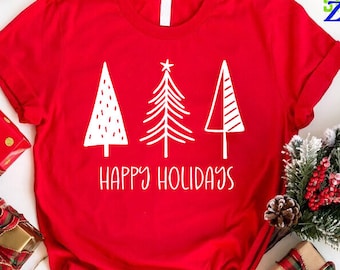 Christmas Shirt Three Trees Happy Holidays Graphic Tee, Boho Winter Holiday Tshirt