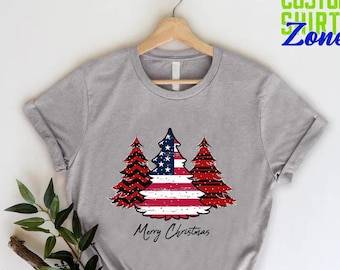 Patriotic Christmas Tree Shirt, American Flag Holiday T-Shirt, Red Plaid Buffalo Christmas Tee