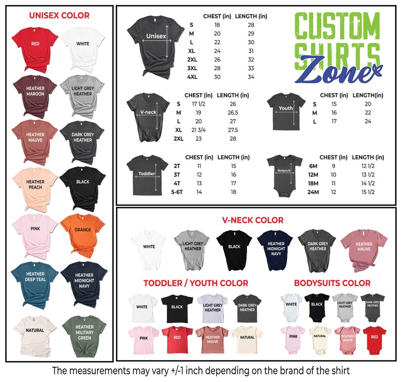 May include: A chart showing different t-shirt colors and sizes for unisex, v-neck, toddler, youth, and bodysuit styles. The chart also includes a size guide with chest and length measurements in inches. The text "Custom Shirts Zone" is displayed at the top of the chart.
