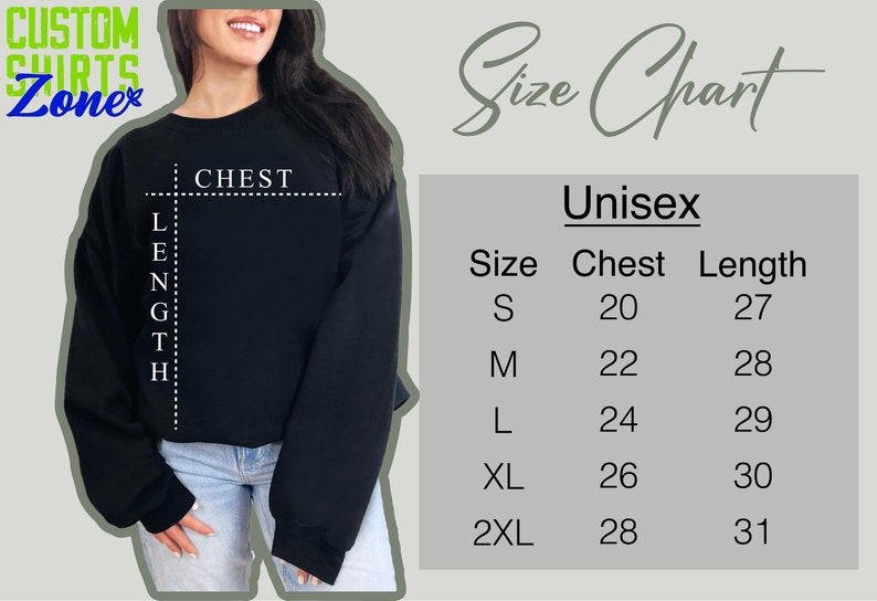 Puede incluir: Tabla de tallas unisex para una sudadera con medidas en pulgadas para el pecho y la longitud. Las tallas incluyen S, M, L, XL y 2XL.