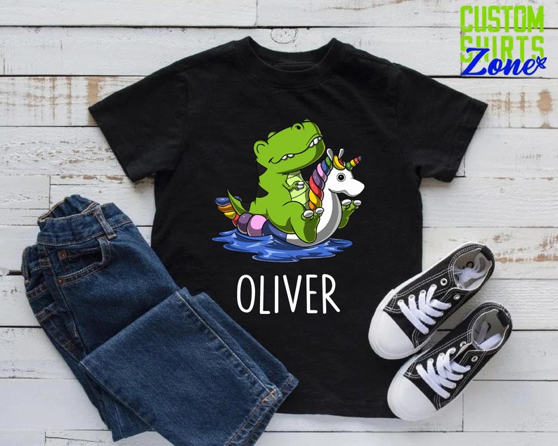 Dinosaur Riding Unicorn Float Shirt,Custom Name Birthday Gift For Boys,Dinosaur and Unicorn Friends Tee,Dinosaur Lover Kids Party Shirt image 1