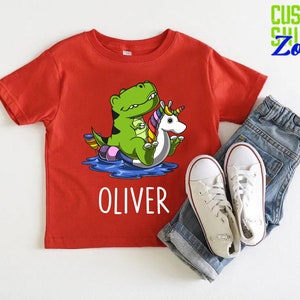 Dinosaur Riding Unicorn Float Shirt,Custom Name Birthday Gift For Boys,Dinosaur and Unicorn Friends Tee,Dinosaur Lover Kids Party Shirt image 3