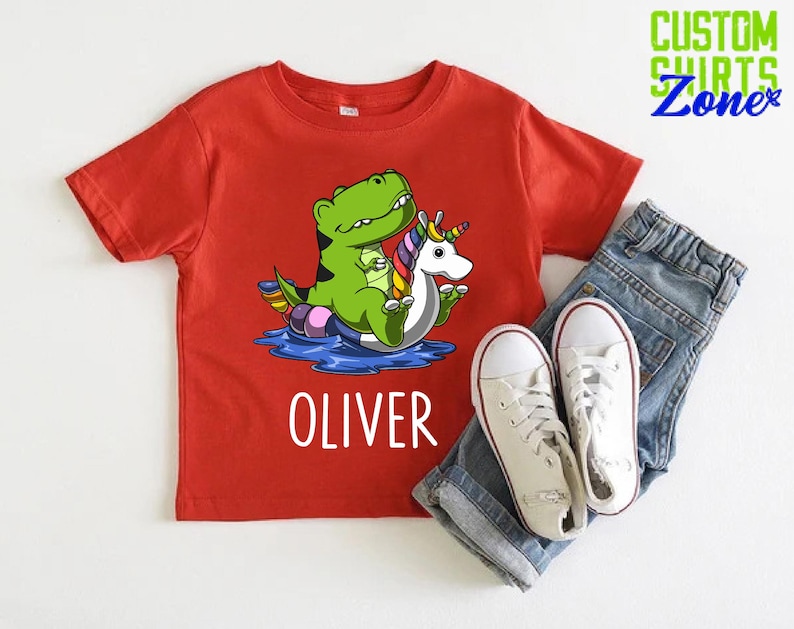 Dinosaur Riding Unicorn Float Shirt,Custom Name Birthday Gift For Boys,Dinosaur and Unicorn Friends Tee,Dinosaur Lover Kids Party Shirt image 3