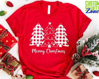 Plaid Christmas Tree Shirt, Merry Christmas T-Shirt, Winter Holiday Graphic Tee