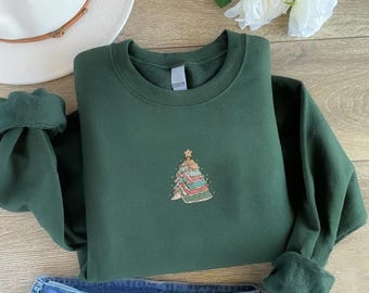 Embroidered Book Tree Christmas Sweatshirt, Book Lover Crewneck, Teacher Gift
