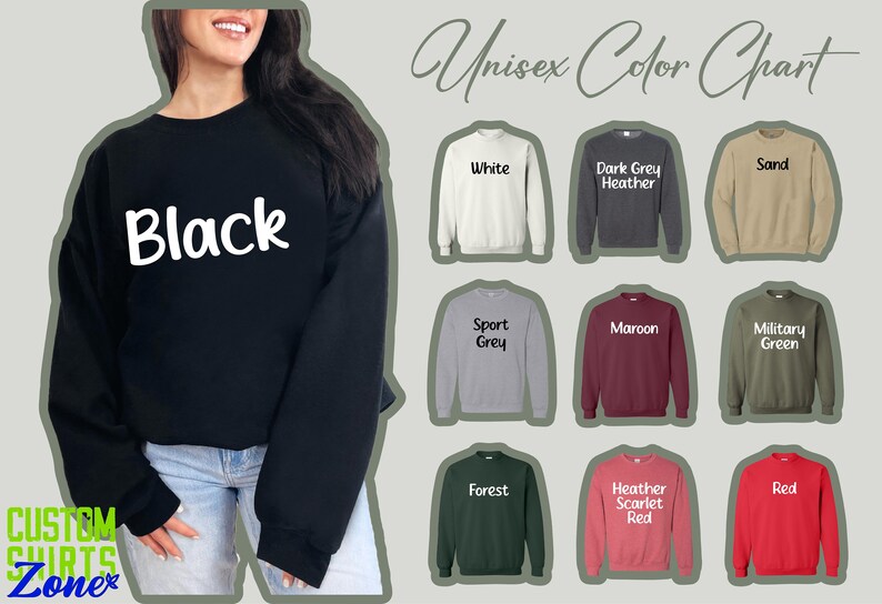 Puede incluir: Carta de colores unisex para sudaderas con capucha que muestra varios colores, incluyendo negro, blanco, gris oscuro jaspeado, arena, gris deportivo, granate, verde militar, verde bosque, rojo escarlata jaspeado y rojo.