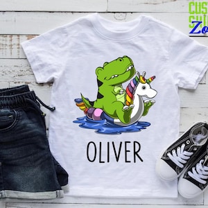 Dinosaur Riding Unicorn Float Shirt,Custom Name Birthday Gift For Boys,Dinosaur and Unicorn Friends Tee,Dinosaur Lover Kids Party Shirt image 5
