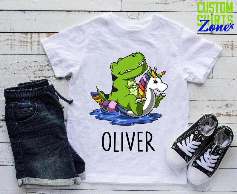Dinosaur Riding Unicorn Float Shirt,Custom Name Birthday Gift For Boys,Dinosaur and Unicorn Friends Tee,Dinosaur Lover Kids Party Shirt image 5