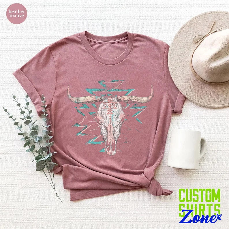 Boho Cow Skull Shirt, Western Graphic Tee, Bull Skull Shirt