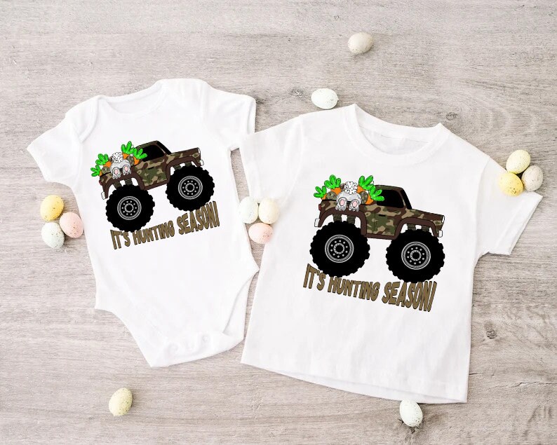 Easter Truck Hunting Shirt,Hunting Easter Tee For Boy,Camo Gift Toddler Boy,Trucker Baby Bodysuit,Easter Hunting Camo Baby,Bunny Trucker Tee immagine 3