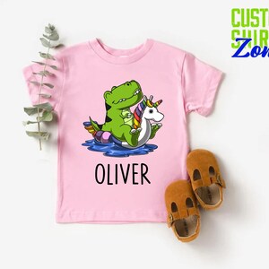 Dinosaur Riding Unicorn Float Shirt,Custom Name Birthday Gift For Boys,Dinosaur and Unicorn Friends Tee,Dinosaur Lover Kids Party Shirt image 4
