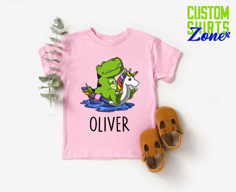 Dinosaur Riding Unicorn Float Shirt,Custom Name Birthday Gift For Boys,Dinosaur and Unicorn Friends Tee,Dinosaur Lover Kids Party Shirt image 4