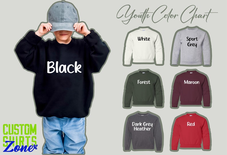 Puede incluir: Una tabla de colores para sudaderas juveniles. La tabla muestra los diferentes colores disponibles, incluyendo negro, blanco, gris deportivo, verde bosque, granate, gris oscuro jaspeado y rojo.
