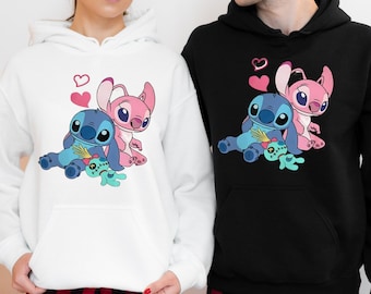 Stitch and Angel Couple Hoodie, Valentine's Day Couple Sweatshirt