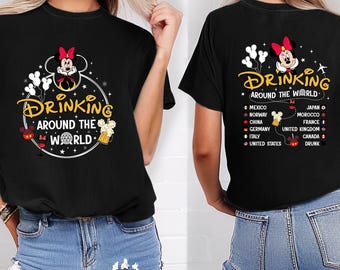 May include: Black t-shirt with a graphic featuring Minnie Mouse and the words "Drinking Around the World." The design includes a beer stein and a list of countries. The back of the shirt also has the same design.