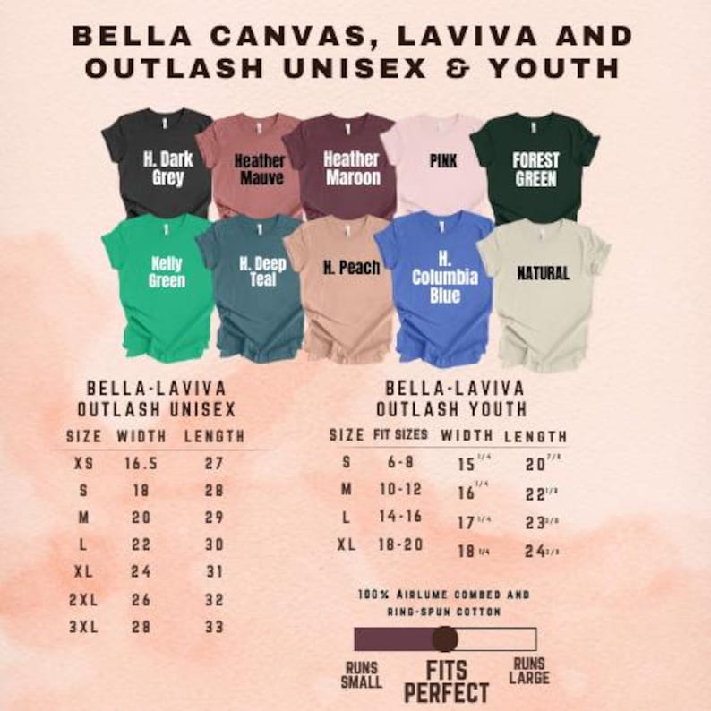 Op de afbeelding: Een display van Bella Canvas, Laviva en Outlash unisex en jeugd t-shirts in diverse kleuren, waaronder donkergrijs, roze en bosgroen. Maattabellen voor zowel unisex als jeugdmaten worden getoond. De shirts zijn gemaakt van 100% gekamd en ringgesponnen katoen.