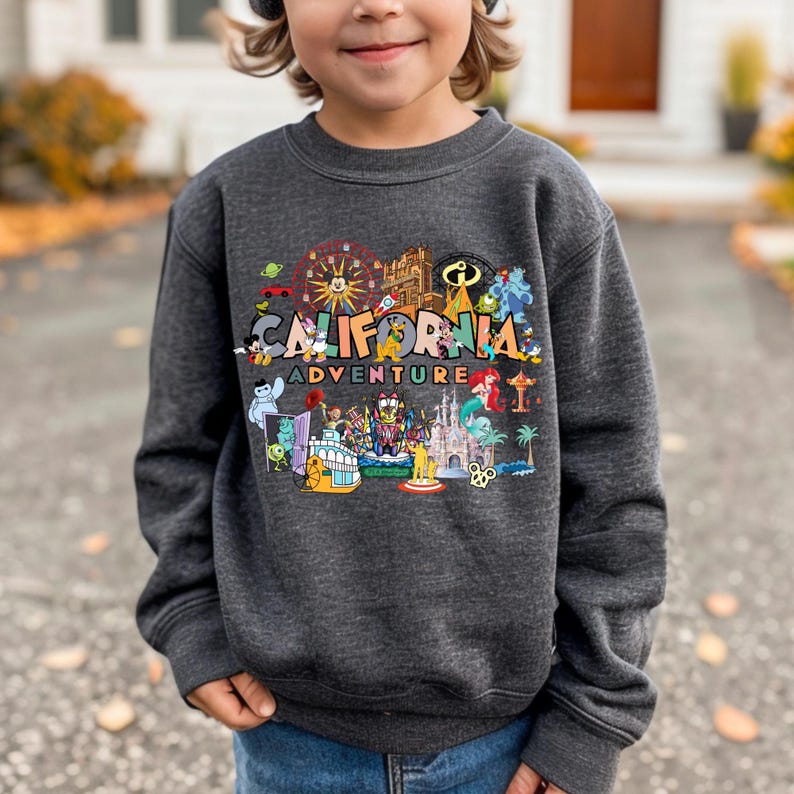 May include: Dark gray sweatshirt featuring a colorful graphic of the words "California Adventure" with various cartoon characters and landmarks. The design includes a Ferris wheel, castle, and palm trees. The sweatshirt is made of a soft material.