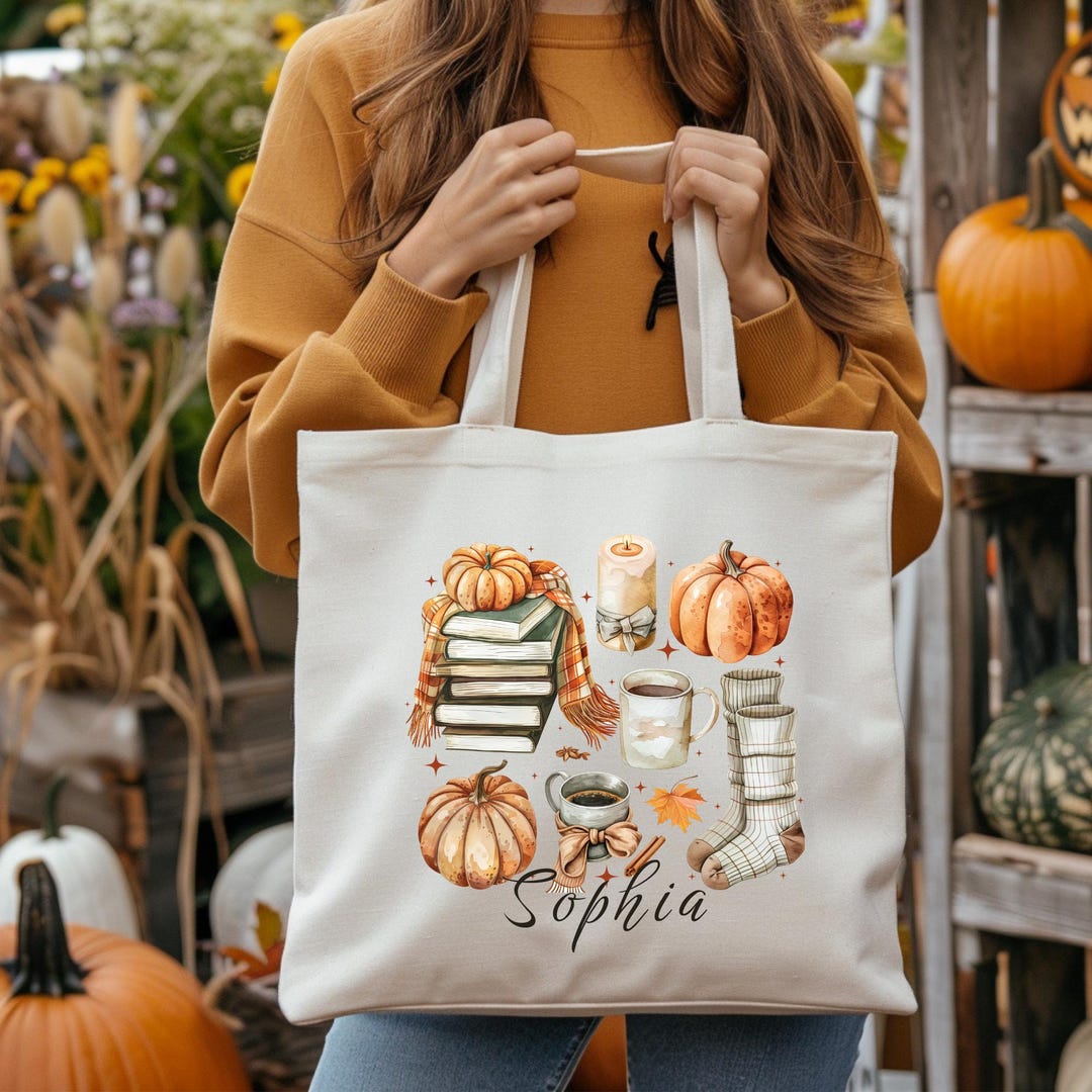 Custom Name Fall Tote Bag With Pumpkins and Books, Personalized Autumn ...