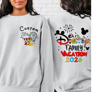 Custom Name Mickey and Friends Family Vacation Kids Sweatshirt, Theme Park Matching Trip Hoodie A. Heather Gray